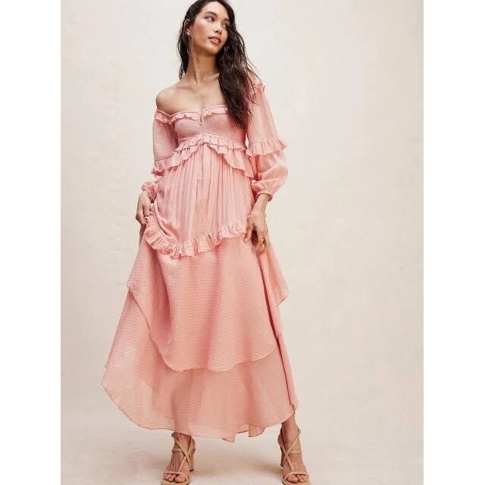 Spell Clementine Mermaid Maxi Dress Womens M Pink Gold Lurex Ruffle Back Cutout